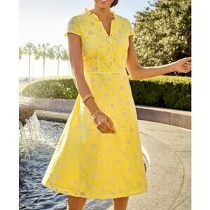 Talbots Dress Yellow Sunflower Floral Eyelet Fit and Flare Midi Summer Church